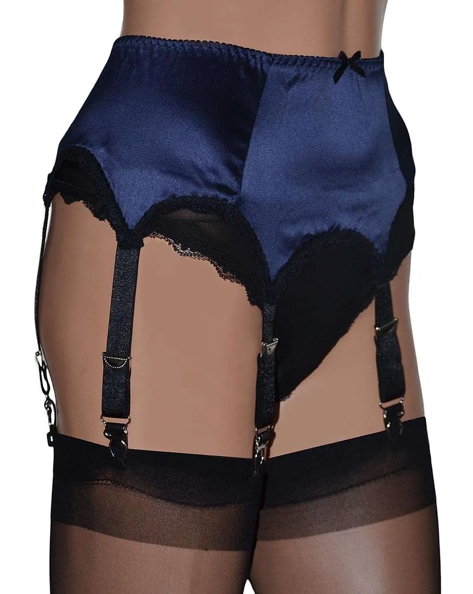 Blue Satin 6 Strap Suspender Belt in Deep Blue with Metal Clips