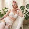 white high waist satin and lace suspender belt with boning for shape