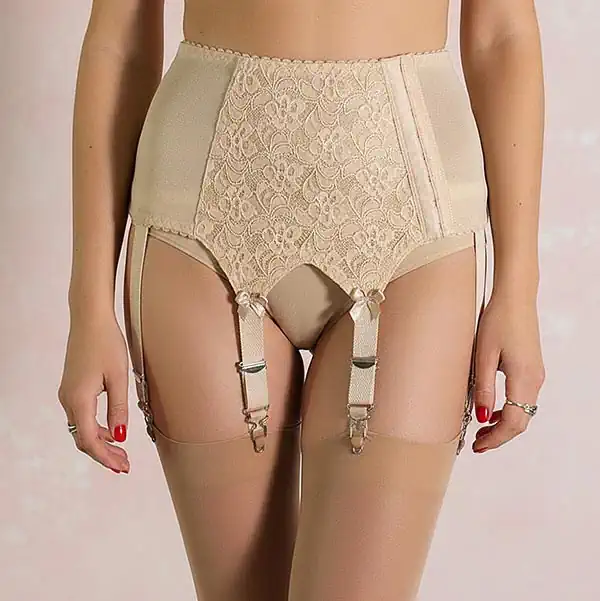 Beige 6 strap lace front suspender belt - Anete by Swanky Pins