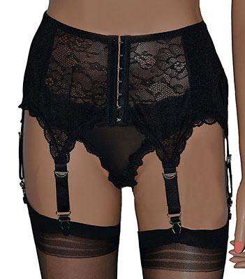 Black Lace Panelled Front 6 Strap Suspender Belt
