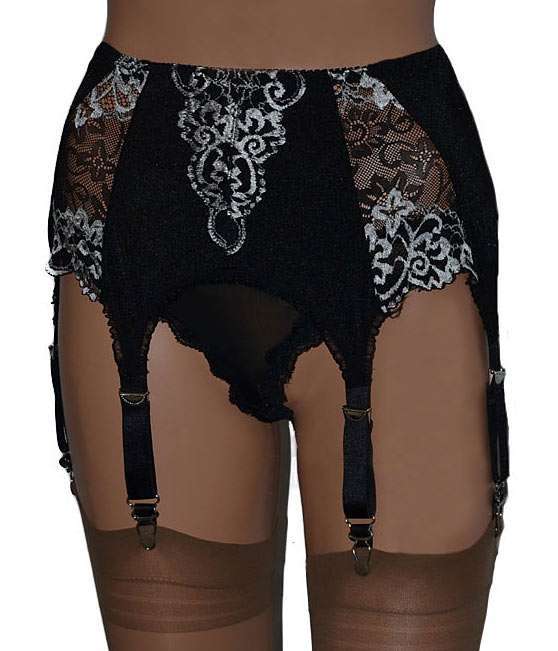 6 strap suspender belt in black with white lace