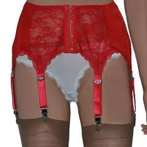 6 strap vintage style suspender belts in red and white