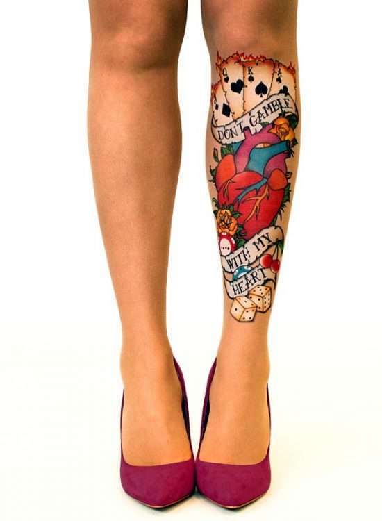 don't gamble hears, playing cards and dice tattoo tights