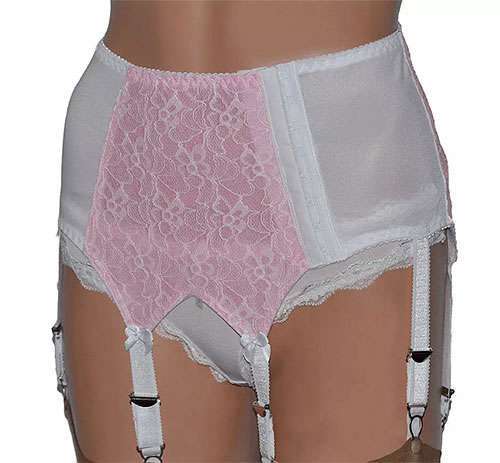 Retro Style White 6 Strap Suspender Belt with Pink Lace Front