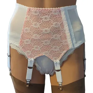 white retro style 6 strap suspender belt with pink lace panels