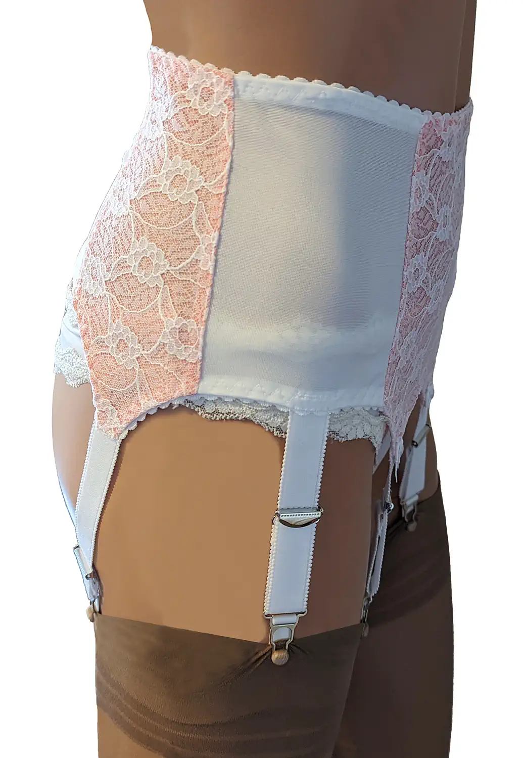 Retro Style White 6 Strap Suspender Belt with Pink Lace Front