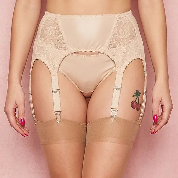 6 Strap Suspender Belt in Lace & Power Mesh in Beige or White