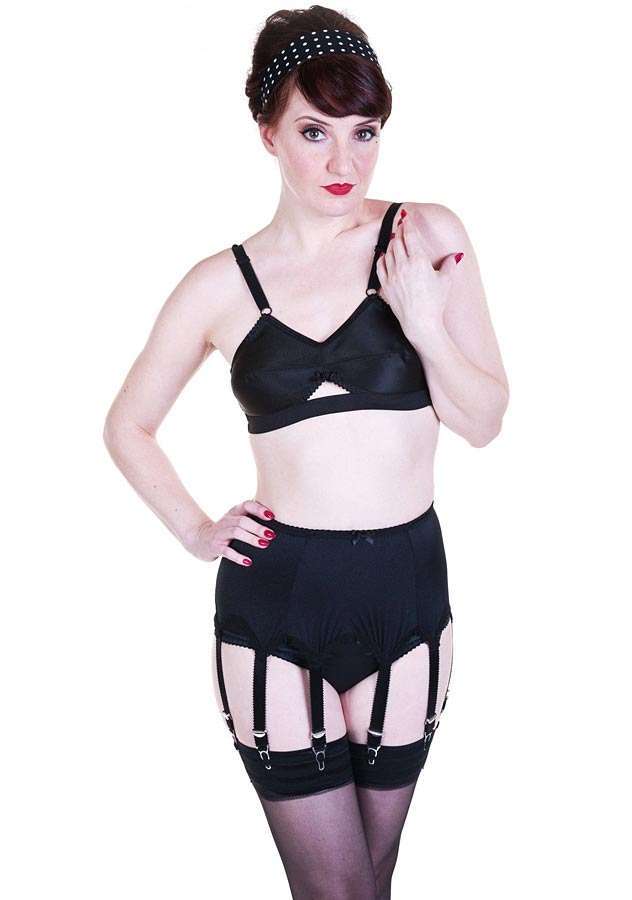 plain panel satin 8 strap suspender belt, black