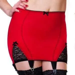 red open bottom vintage girdle with black lace panels