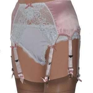 Pink 8 Strap Satin Suspender Belt with White Lace Front Panel Pink 8 Strap Satin Suspender Belt with White Lace Front Panel
