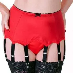 red satin 10 strap suspender belt with black trims