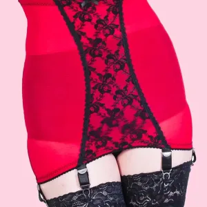 red longline girdle with lace front panel and 6 suspender straps