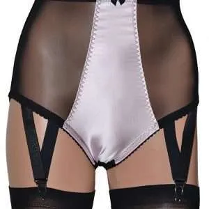 power mesh panty girdle in black with pink satin front panel
