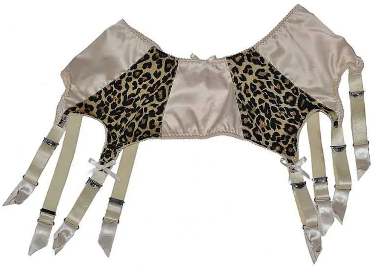 Pale Beige 8 Strap Suspender Belts with Leopard Print Panels
