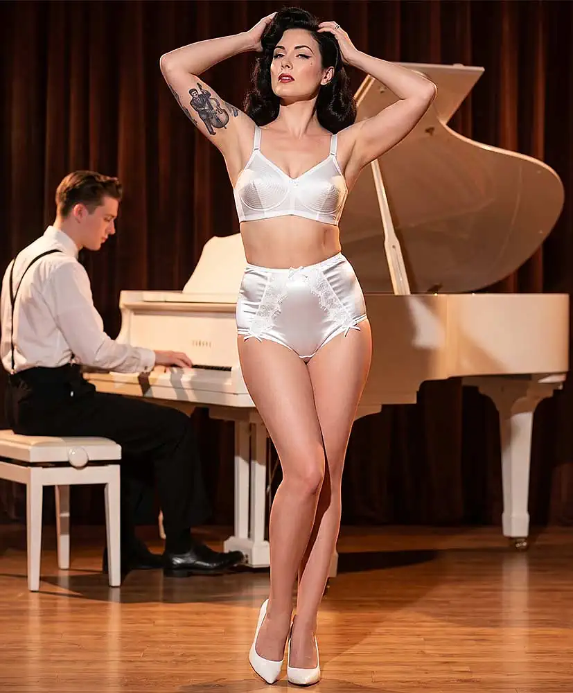 high waist white satin panties worn with a white bullet bra