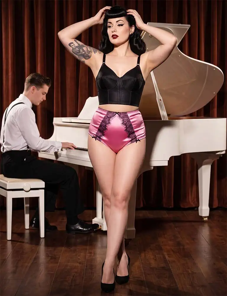 pink-high-waist-panties-with-longline-bra pink satin panties worn with black longline bra