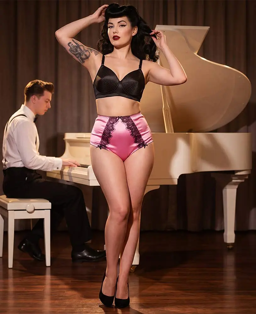 pink-satin-high-waist-panties-C901 pink satin high waist panties worn with a black bullet bra