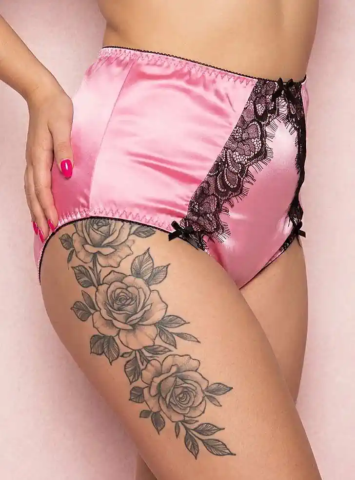 satin-and-eyelash-lace-knickers-in-pink-side Swanky Pins satin with eyelash lace trim panties in pink - side view
