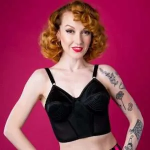 longline circle stitch bullet bra in black satin