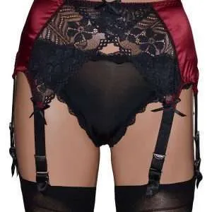 Red satin 8 strap suspender belt with black lace front