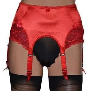 6 strap suspender belt in red satin with lace side panels