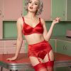 view of red satin 6 strap garter belt showing adjustable suspenders