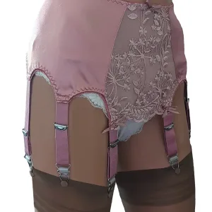 pink satin lace front 8 strap retro suspender belt