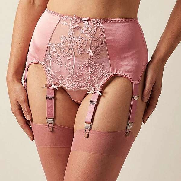 8 Strap Suspender Belt in Pink Satin and Lace
