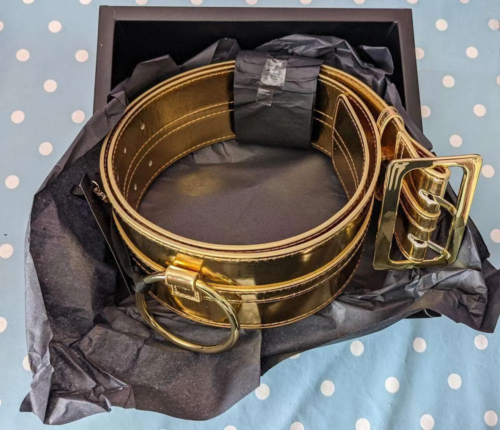 Wide Pink Black Snakeskin Or Gold Pvc Belt With Gold O Ring To The Front