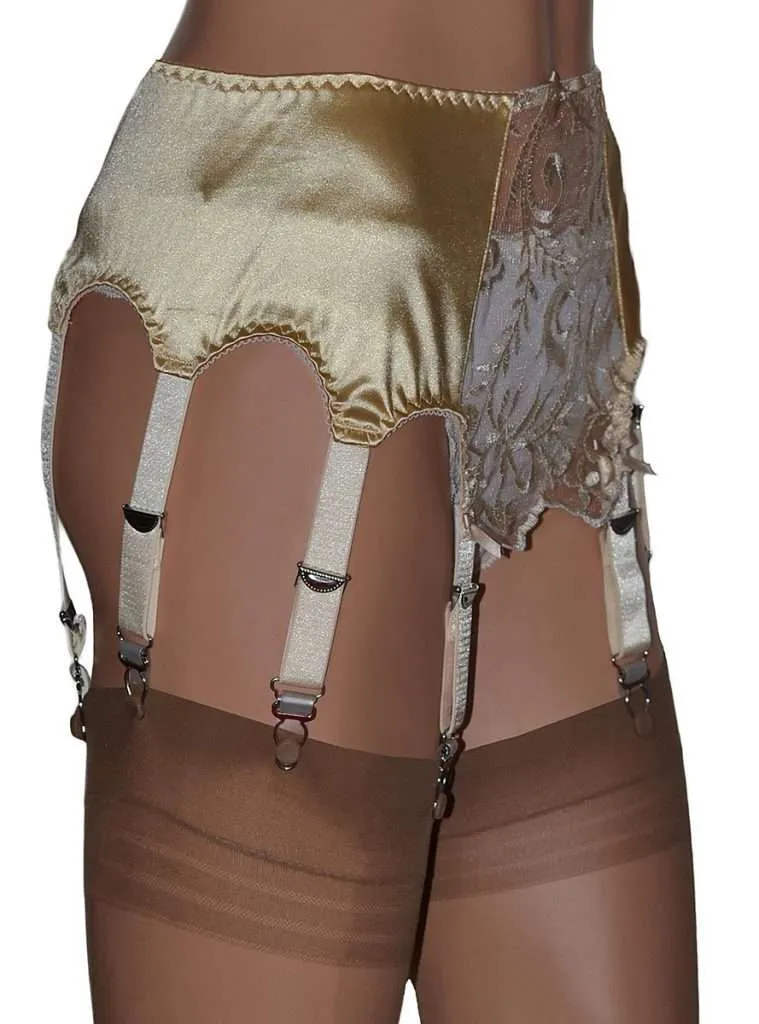 Gold Satin 8 Strap Suspender Belt with Lace Front