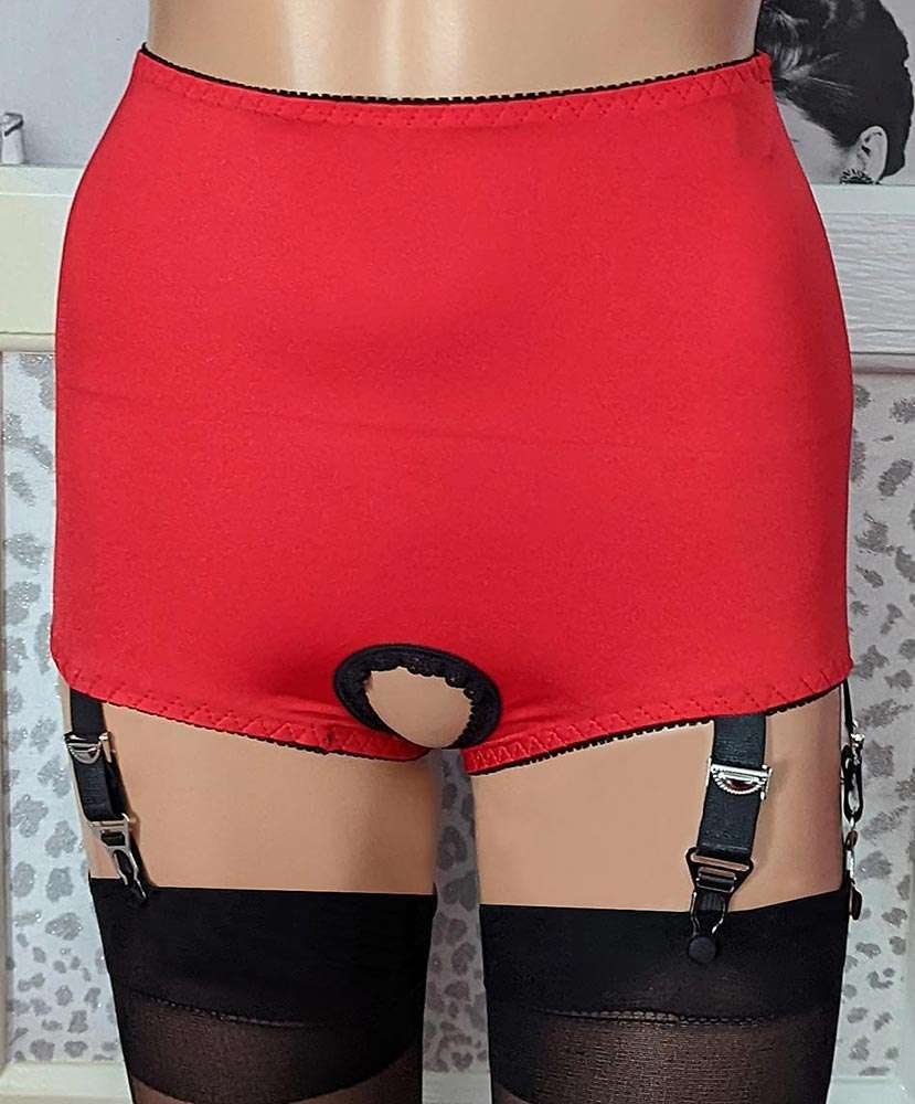 Open Crotch Panty Girdle in Black or Red with 6 Suspenders
