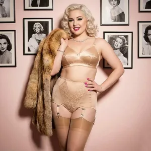 firm control vintage style open gusset panty girdle in beige. Full view