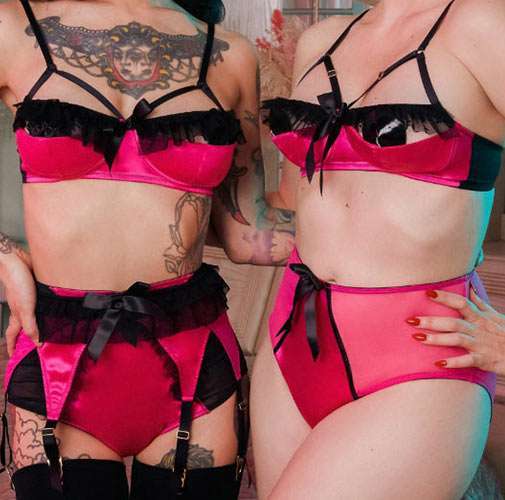 pink and black bra and knickers set