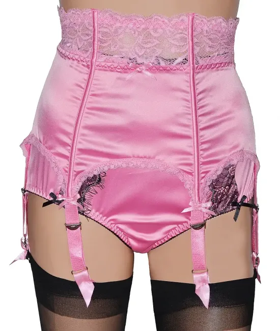 pink satin suspender belt with bones