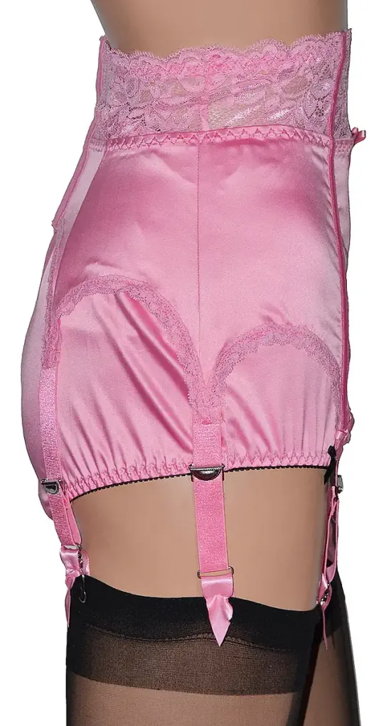 side and back view, boned pink suspender belt