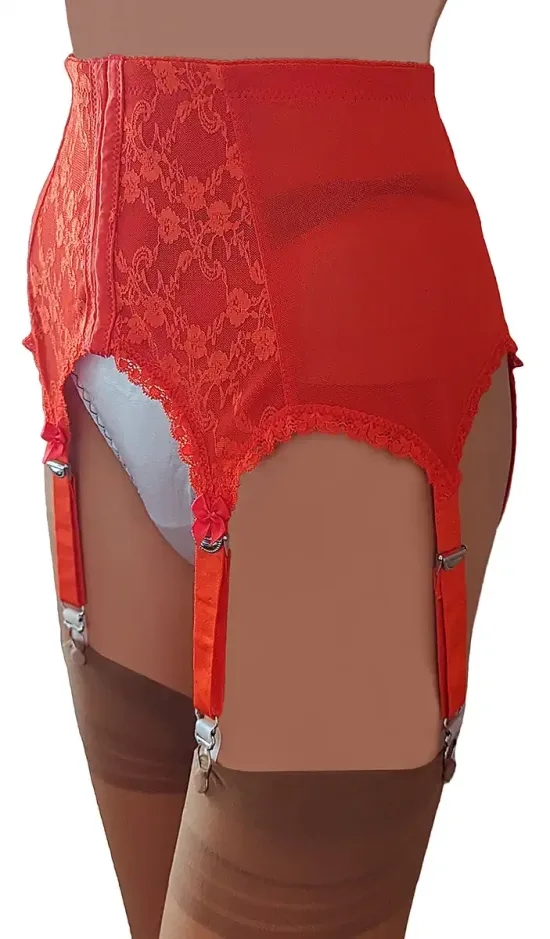 Retro Style Lingerie Red Satin Suspender Belt With Black Lace Front  8  Strap Retro Style By Swanky Pins Satin Suspender Belt Black Lace