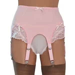 6 strap suspender belt in baby pink with lace panels