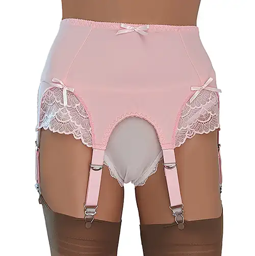 6 strap suspender belt in baby pink with lace panels