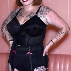 black power mesh 6 strap suspender belt with pink bows
