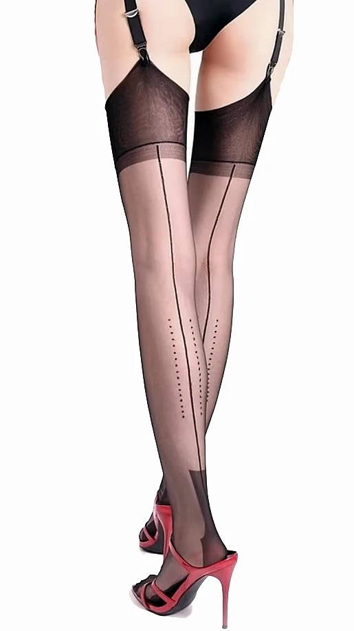 extended-cuban-heel-stockings black nylon stockings with seams and extended cuban heel