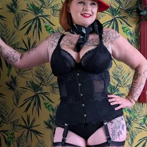 black power mesh and lace underbust corset with 6 suspenders