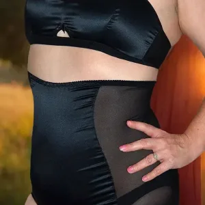 black satin and powermesh bralette with high waist knickers