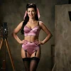 pink satin suspender belt with 6 x 19mm straps and black power mesh side panels