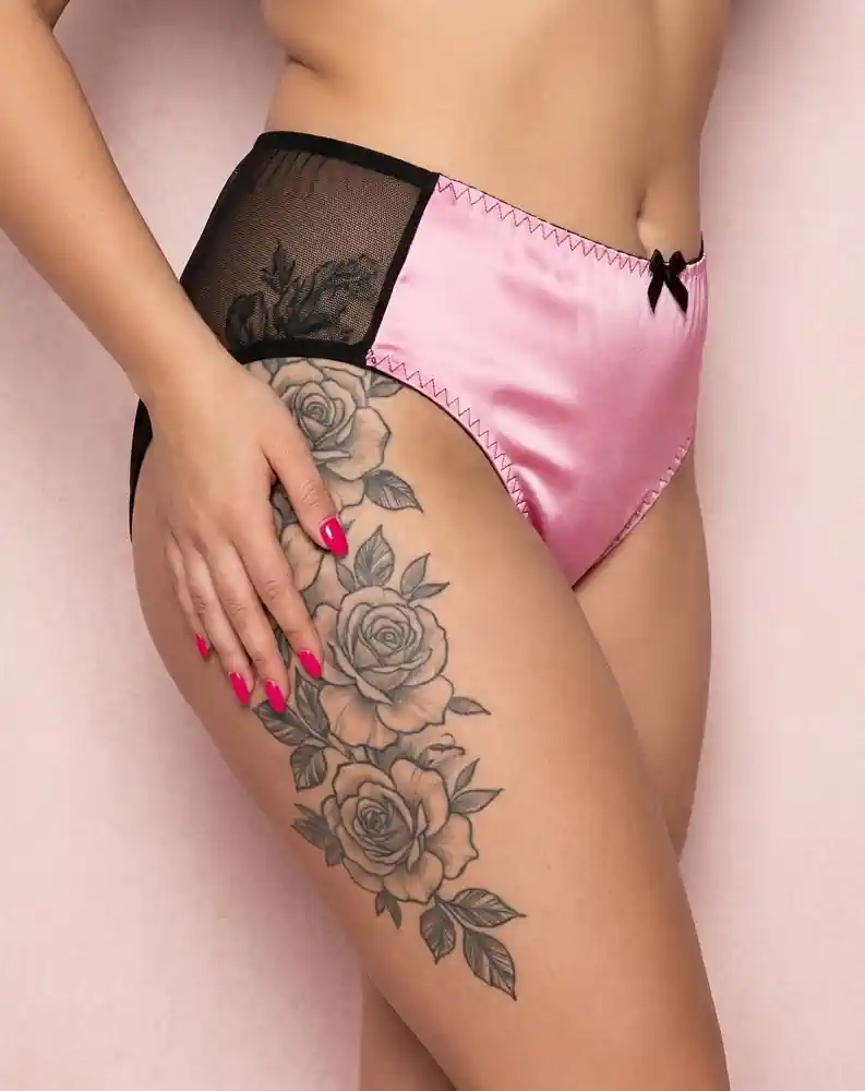 pink-satin-and-black-power-mesh-full-panties Full coverage pink satin and black power mesh panties