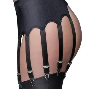 black 12 strap suspender belt with plain nylon panels