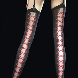burlesque inspired mock lace-up back stockings in black and red, Valentis