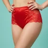close-up-red-vintage-style-panties Close-up of intricate red floral lace and scalloped leg openings on high-waisted vintage-style underwear.