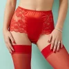 red-satin-high-waist-panties Vibrant red high-waist panties featuring a smooth satin center panel and sheer floral lace sides with scalloped edges.