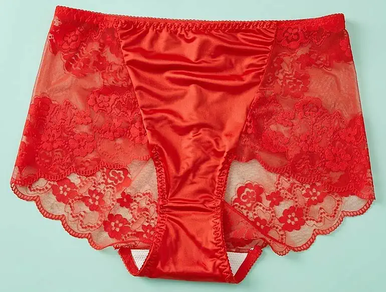 vintage-inspired-satin-and-lace-knickers Vintage-inspired red satin and lace lingerie set against a light teal background, showcasing the high-waisted fit