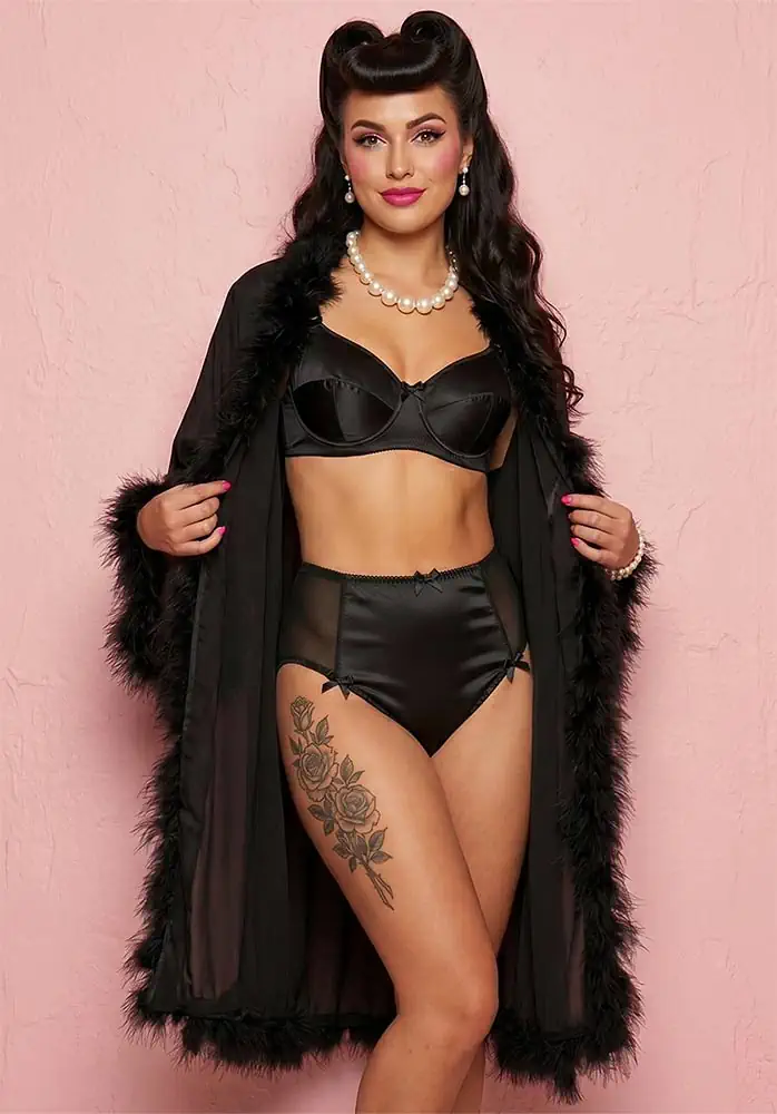 black-panties-paired-with-vintage-robe black high waist panties with power mesh sides and back. Paired beautifully with a vintage robe